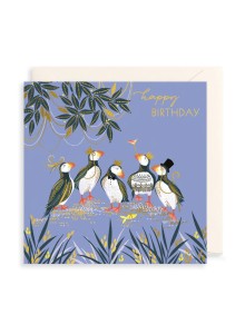 Поздравителна картичка за рожден ден - Пъфини с корони